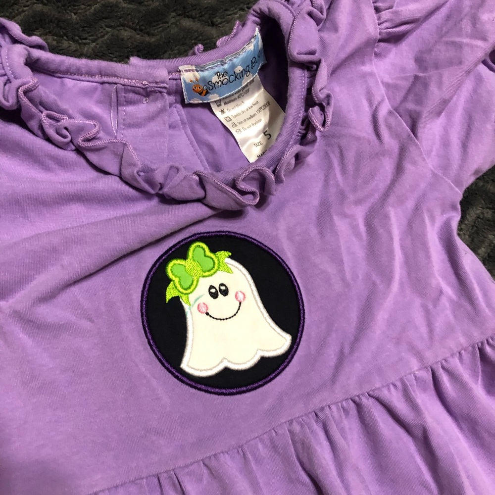 Green and purple ghost ruffle smocked matching set